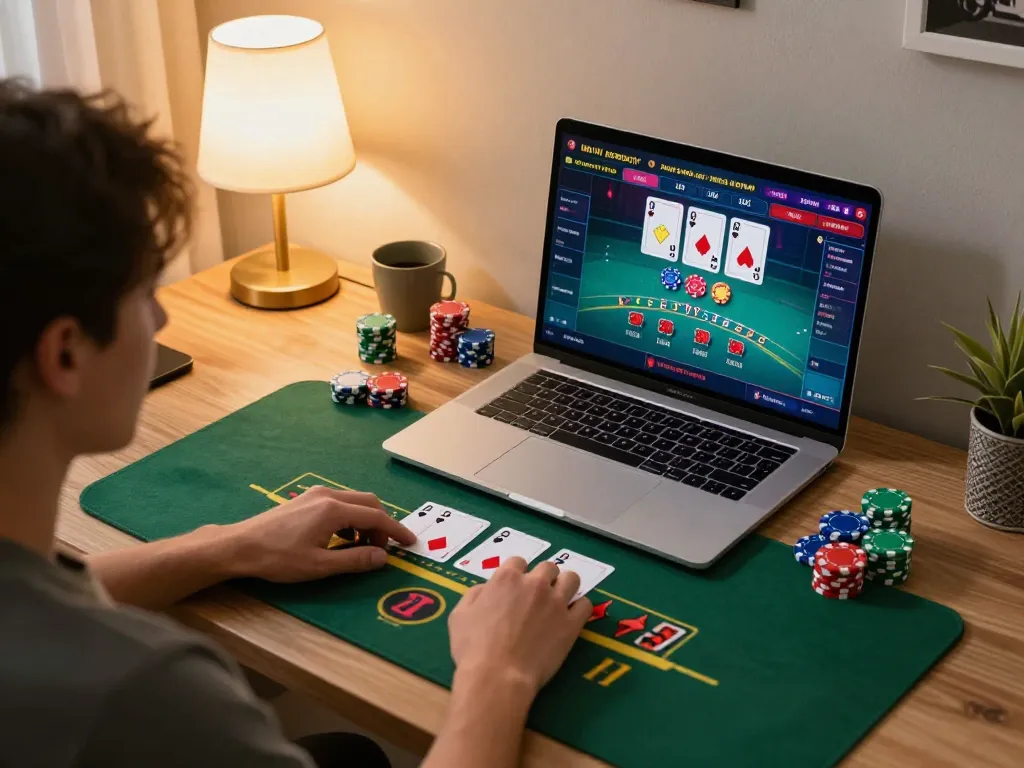 Player strategizing for blackjack at 123b online casino in a cozy home setup