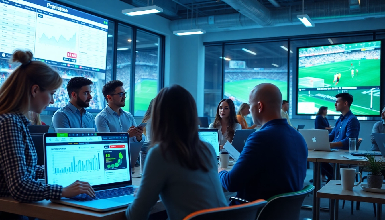 Collaborative office scene illustrating 슈어맨3's innovative approach to sports betting analysis and safety.