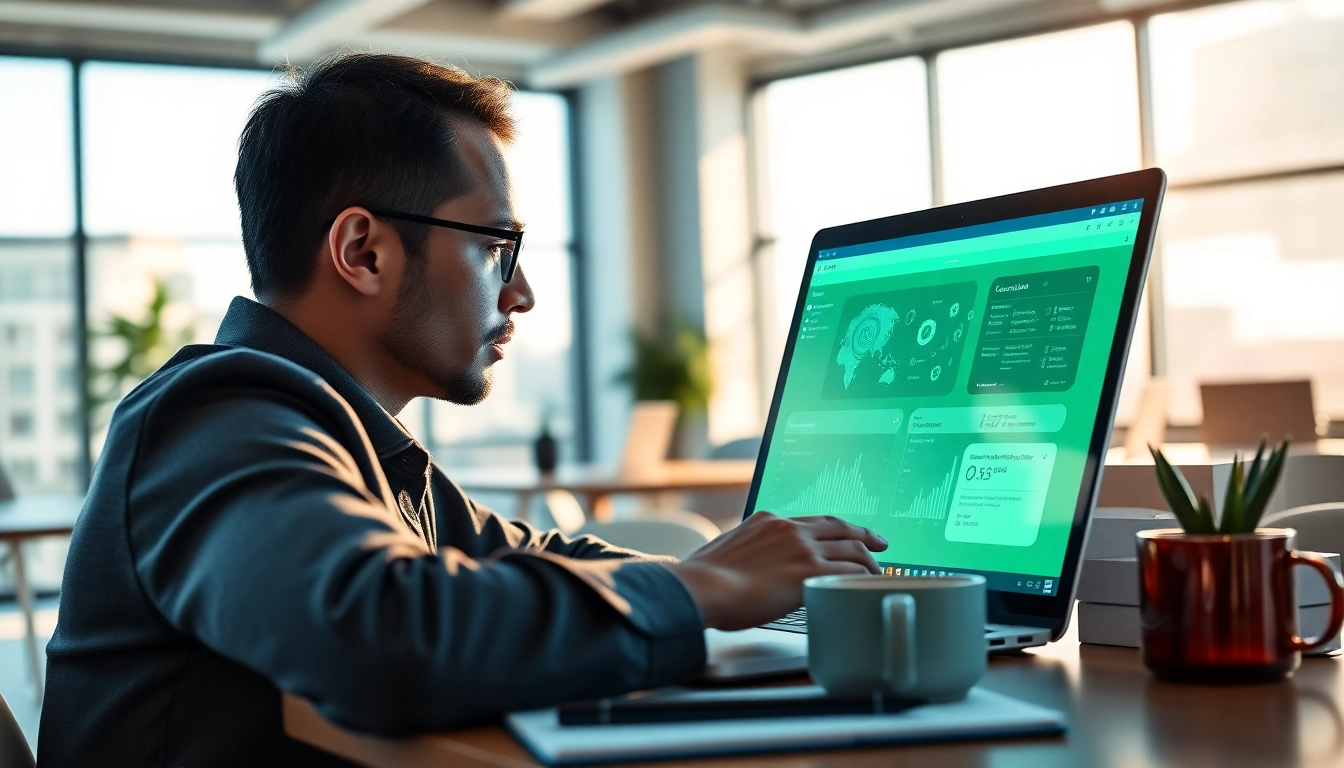 Engaging user interacting with enterprise assistant saas in a modern office setting.