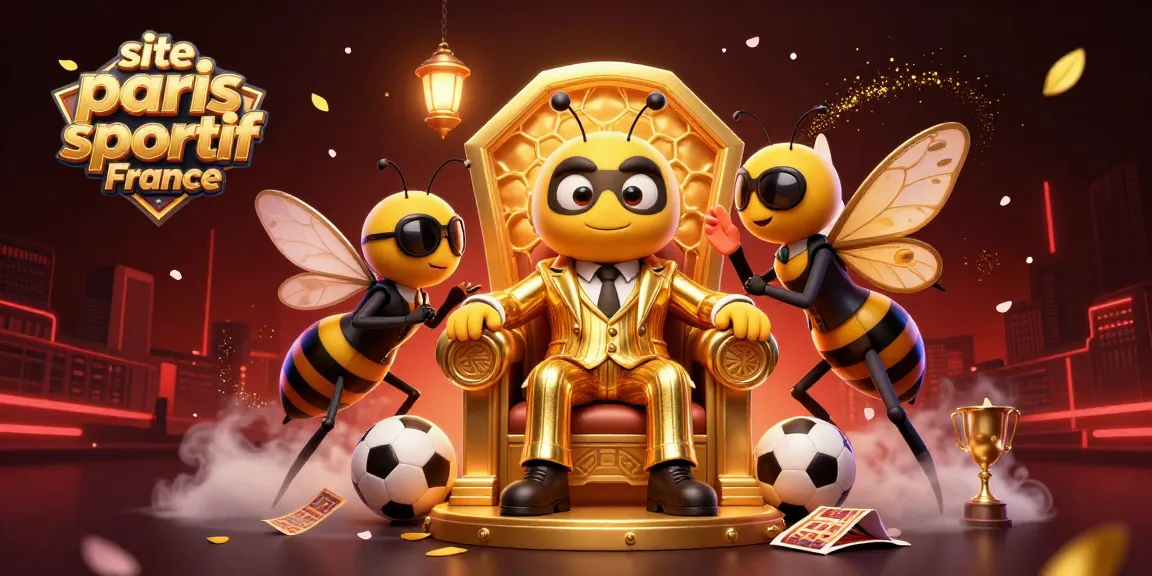 Cette illustration montre un site paris sportif France avec un boss abeille cartoonesque et des éléments de paris sportifs.