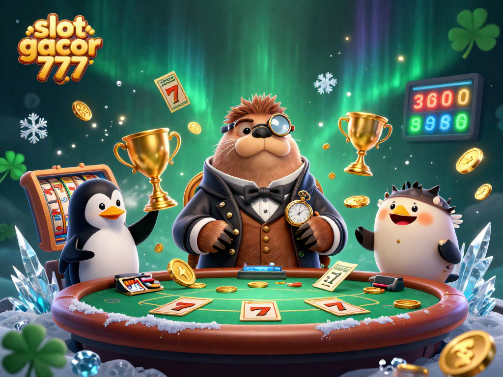 Engage with slot gacor 777 in this lively underwater casino scene featuring a walrus, penguin, and pufferfish.