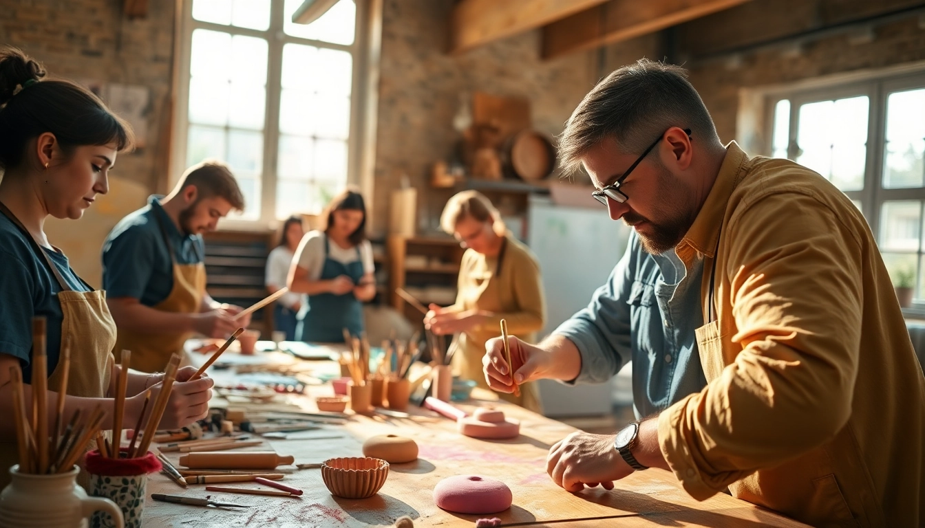 Engaging scene showcasing craft training programs with artisans creating art materials.