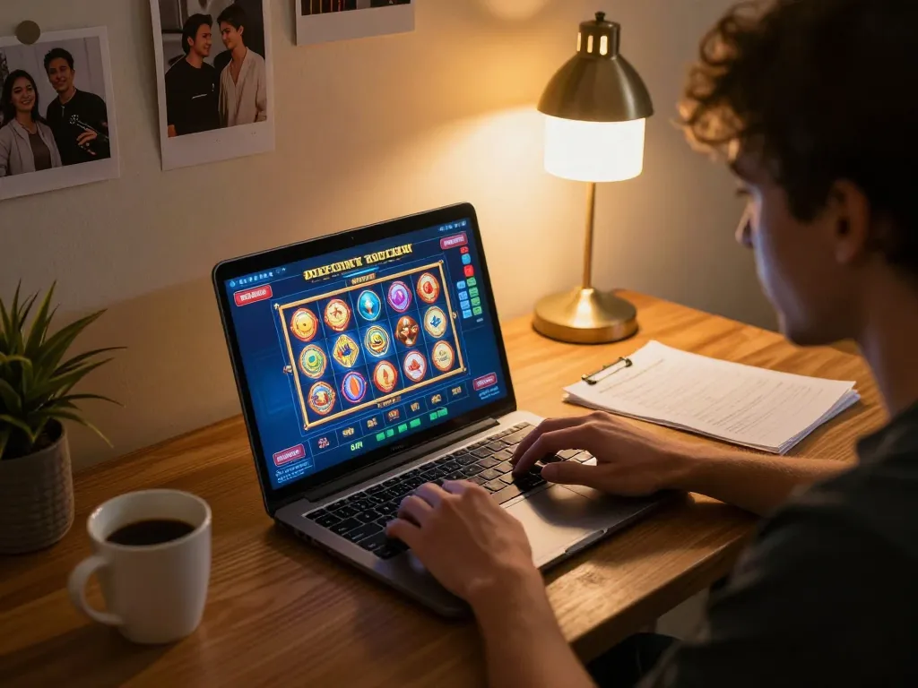 Engaging player using laptop for slot server thailand online gaming with vibrant screen display