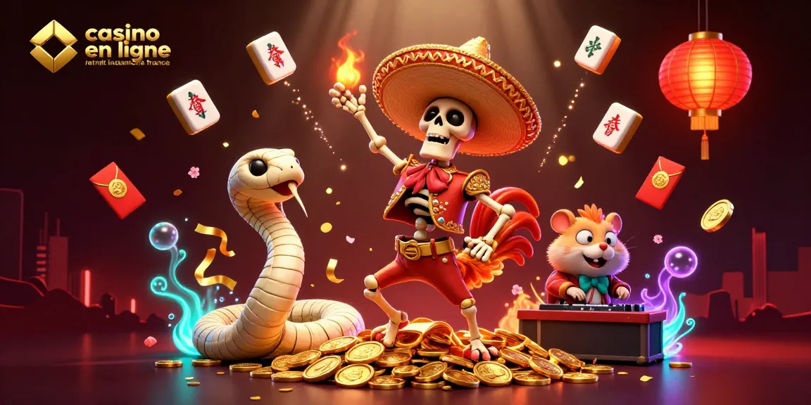 Illustration dynamique d'un casino en ligne retrait instantané France, avec des personnages festifs.