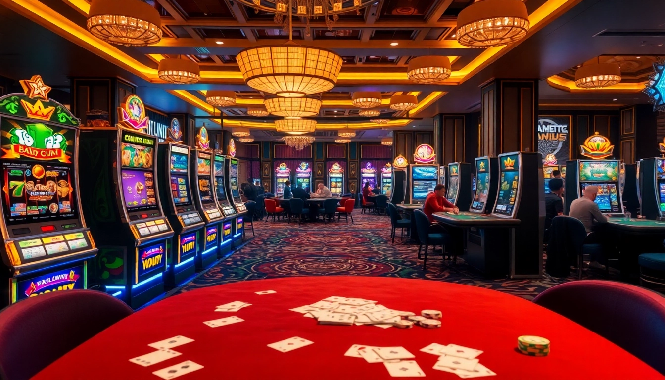 Playing vibrant slot pragmatic play machines in a luxurious casino atmosphere with poker and roulette tables.