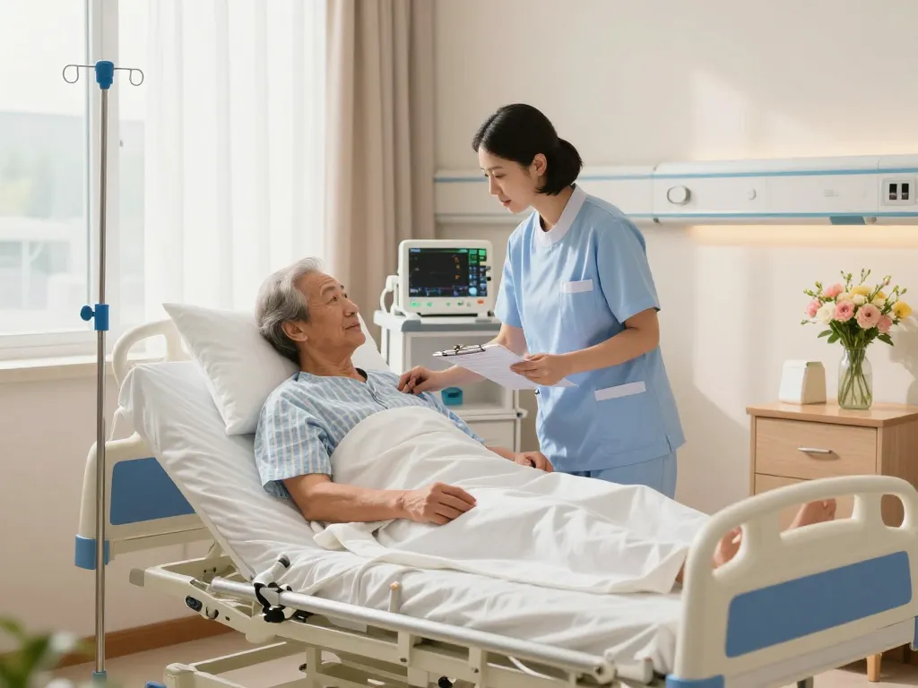 Patient bed giường bệnh nhân in a well-lit hospital room, with a nurse caring for an elderly patient.