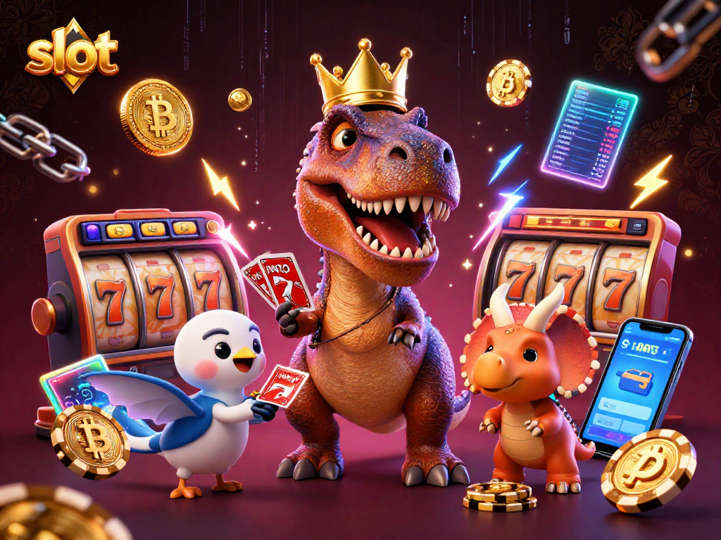 Experience thrilling slot action with a playful T-Rex, chip-stacking triceratops, and pterodactyl in a vibrant casino scene.