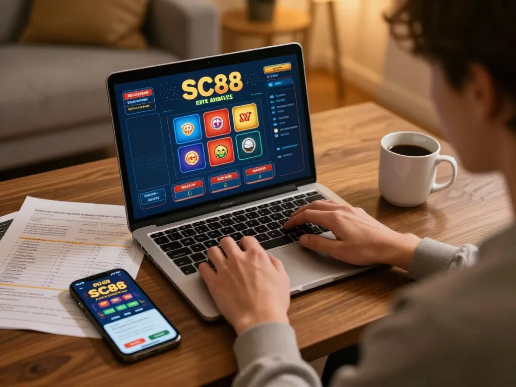 Engaging in SC88 online gaming from home with a laptop and casino app.