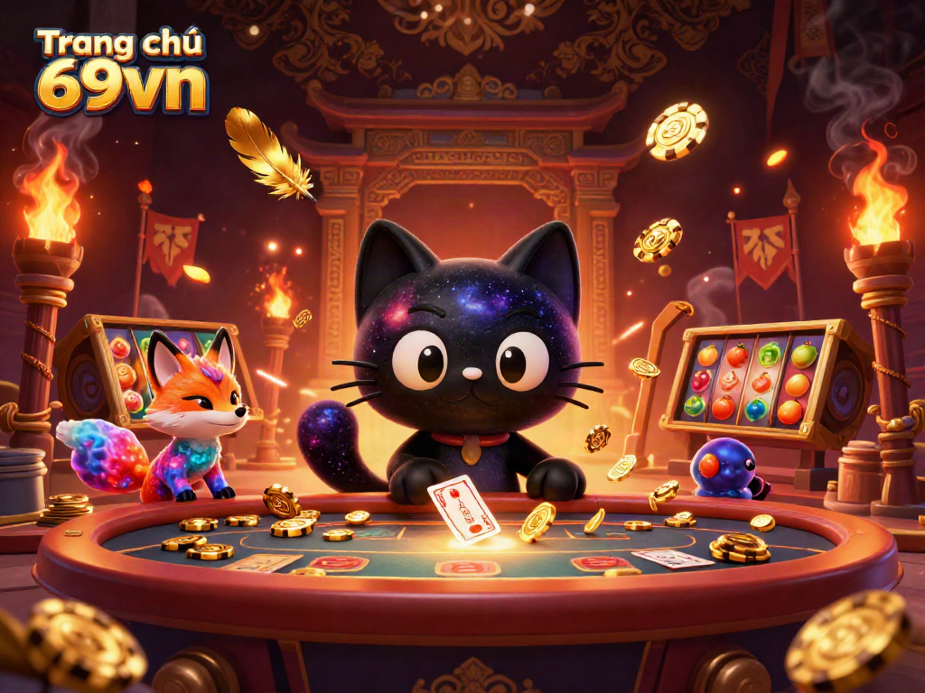 Engage with Trang chủ 69vn featuring an enchanting 3D cosmic casino scene full of vibrant characters and elements.