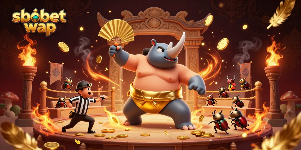 Betting with sbobet wap: A dynamic scene of a beetle sumo champion amidst golden coins and a cheering crowd.