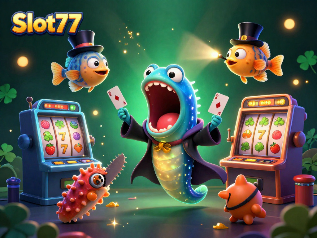 Menangkan jackpot Slot77 dengan gulper eel dan mesin slot colorful dalam pertunjukan sulap di dunia bawah laut.