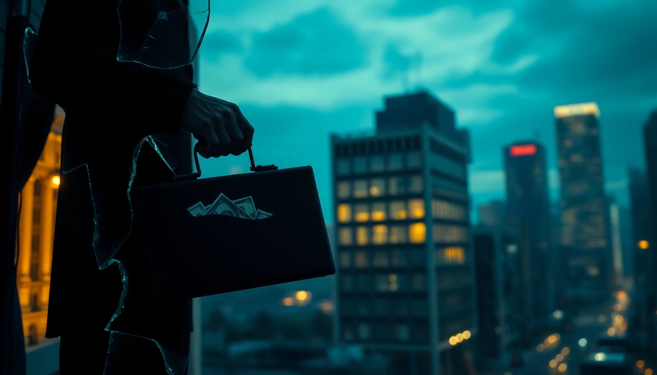 Engage with the thrill of Politics Thieves and Bullets as a shadowy figure maneuvers through a bustling cityscape.