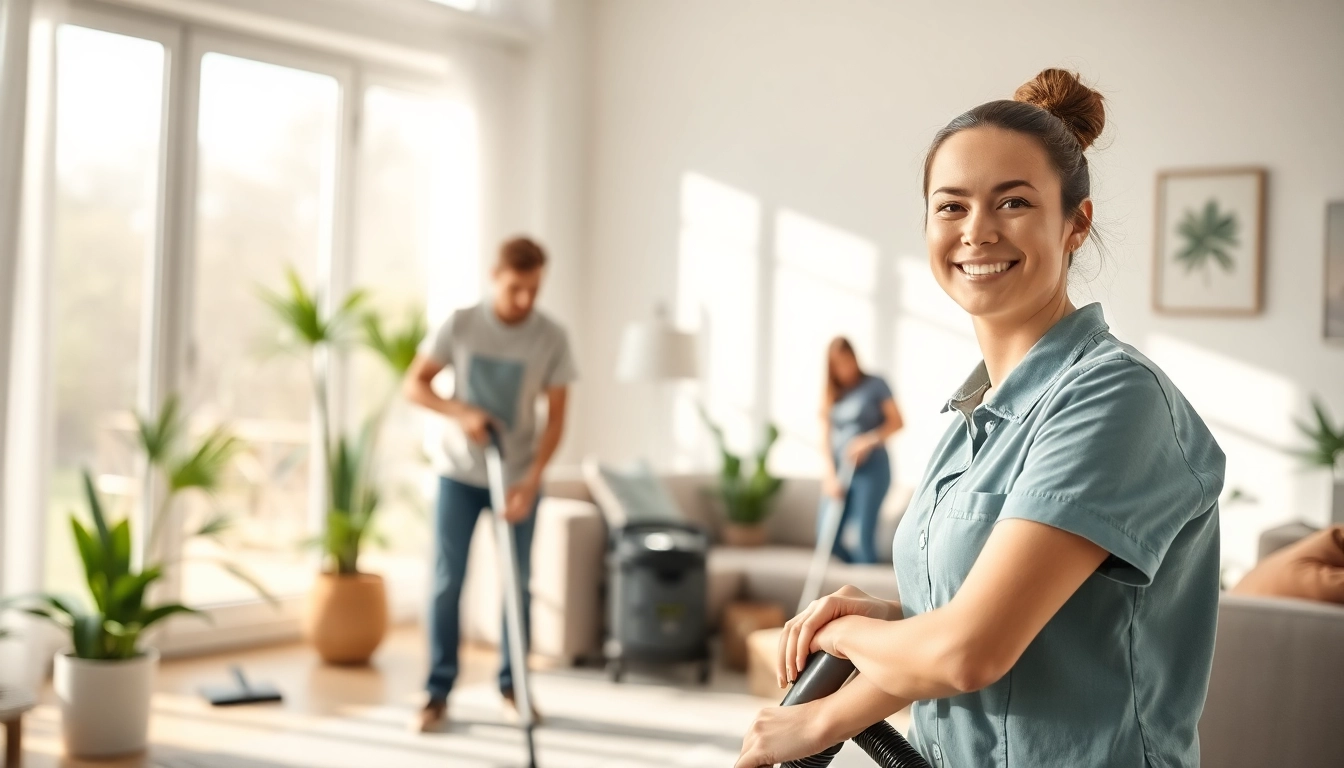 Provide expert cleaning service in a well-lit home, showcasing a professional team at work.