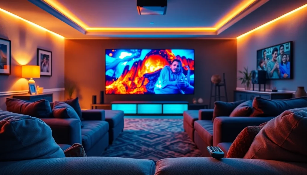 A cozy home theater showcasing iron tv with vibrant imagery and warm lighting, ideal for immersive experiences.