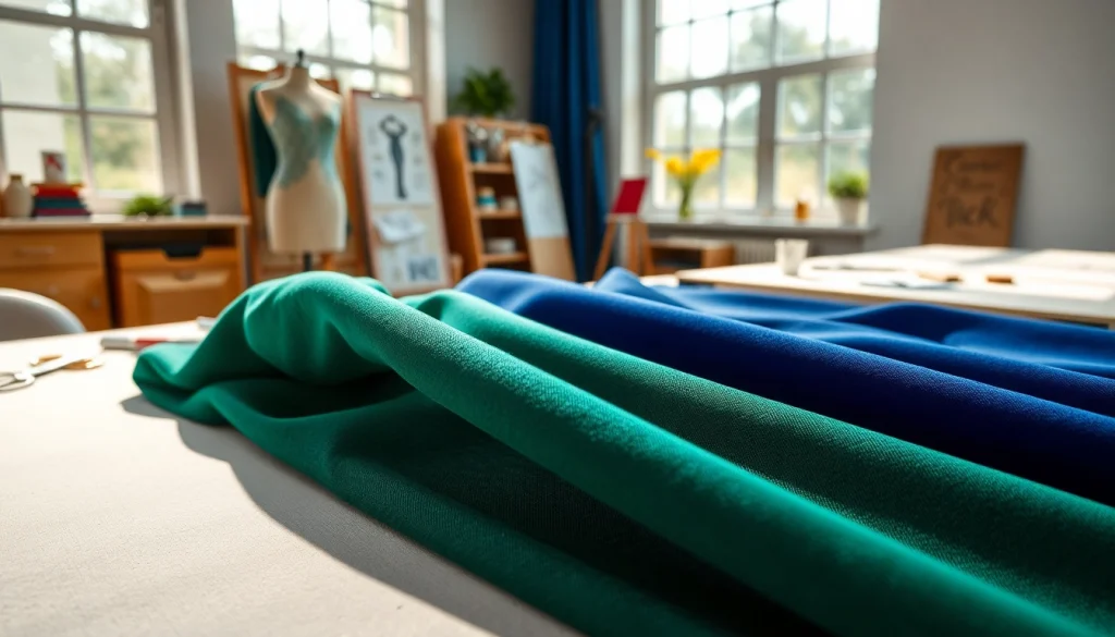 Punta di Roma stof met diepe juweltinten op een naaitafel in een ontwerpstudio.