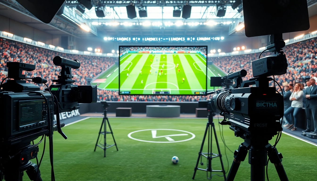 축구중계를 제공하는 현대적인 스포츠 중계 스튜디오의 모습입니다.