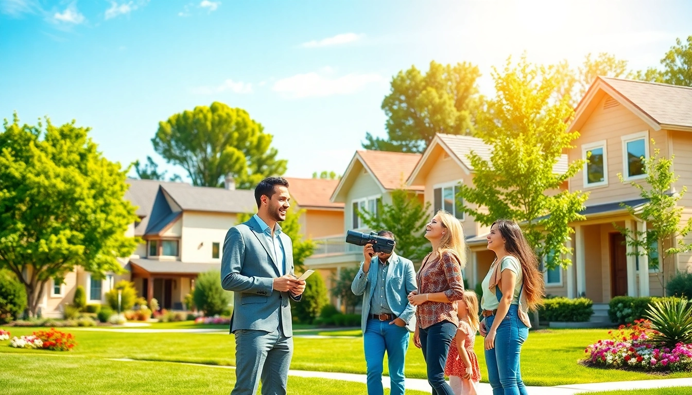 Engaging scene of a real estate agent assisting a family in a vibrant neighborhood with diverse homes.
