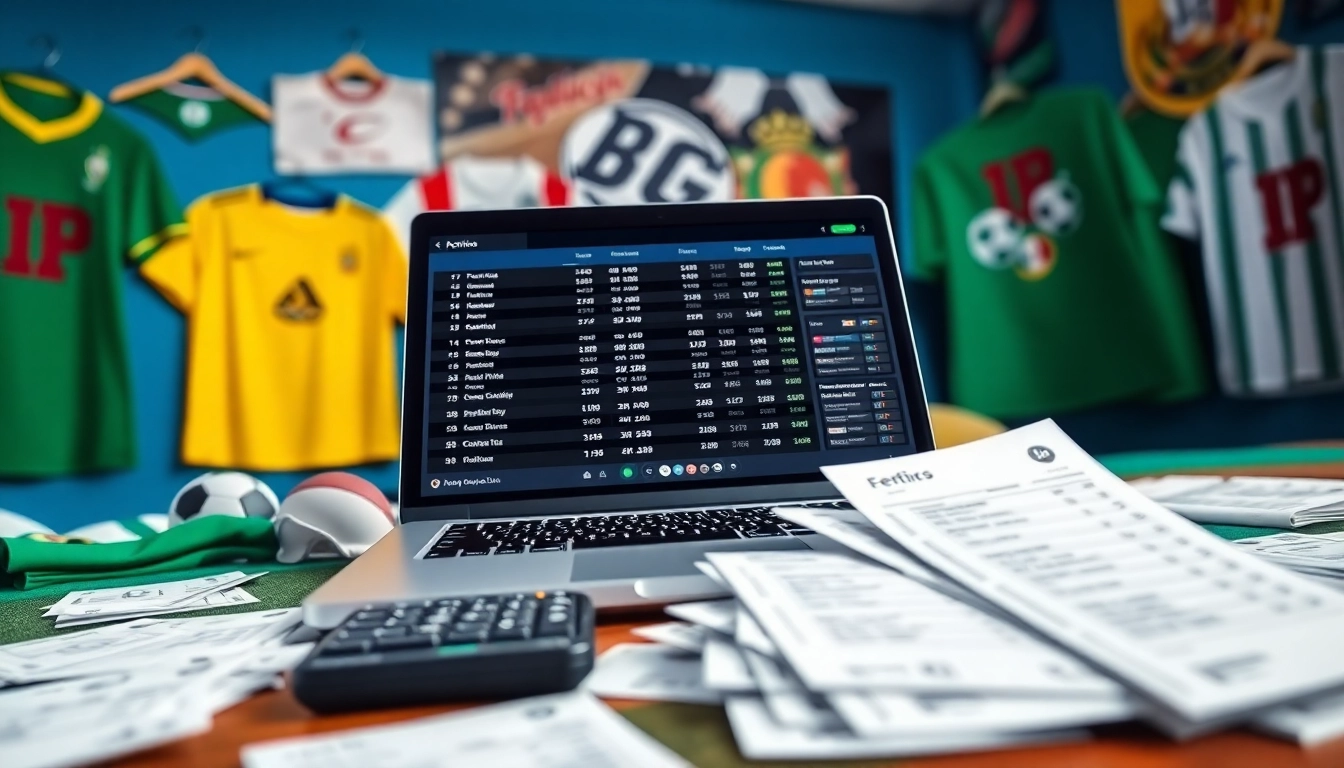 Engaging scene of sports betting Mexico with betting odds on a laptop and slips scattered around.