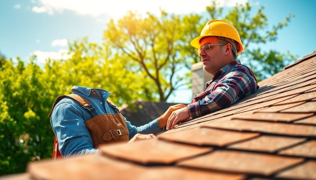 Delivering reliable roofing services, a contractor inspects a roof with care and safety in a bright neighborhood.