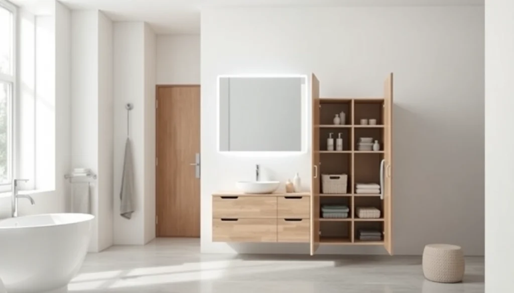 Spiegelschrank led in einem modernen Badezimmer mit stilvollem Design und beleuchtetem Stauraum.