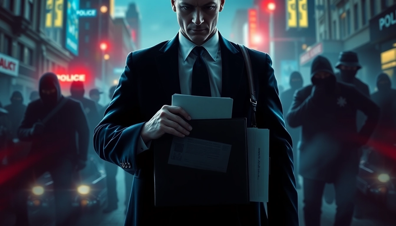 Investigative scene depicting Politics Thieves and Bullets with a mysterious figure amid urban chaos.