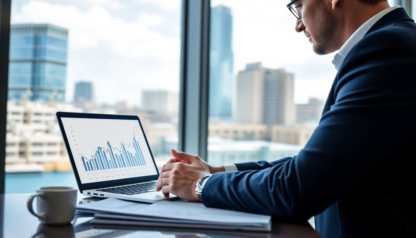 Investment management San Antonio professional analyzing financial data in a vibrant office.