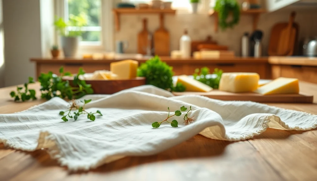 Kaasdoek met artisanale kazen en verse kruiden in de keuken