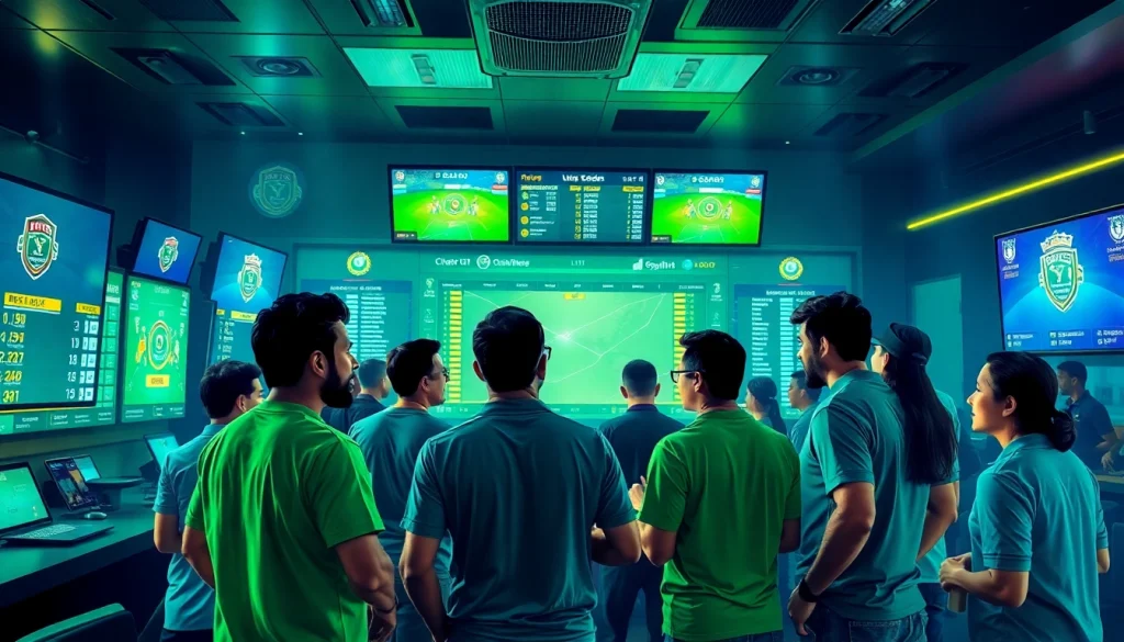 Engaged bettors using sports betting sites India in a modern, energetic betting lounge.