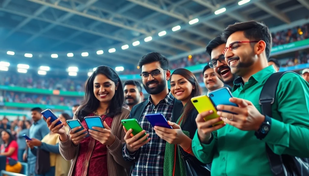 Engaged fans exploring sports betting sites India in a lively sports arena.