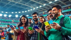 Engaged fans exploring sports betting sites India in a lively sports arena.