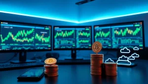 Explore the best cloud mining setup with sleek technology and cryptocurrency data visuals.