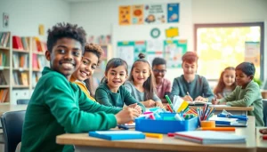 Engaged students in a vibrant classroom setting focused on Education activities and collaboration.