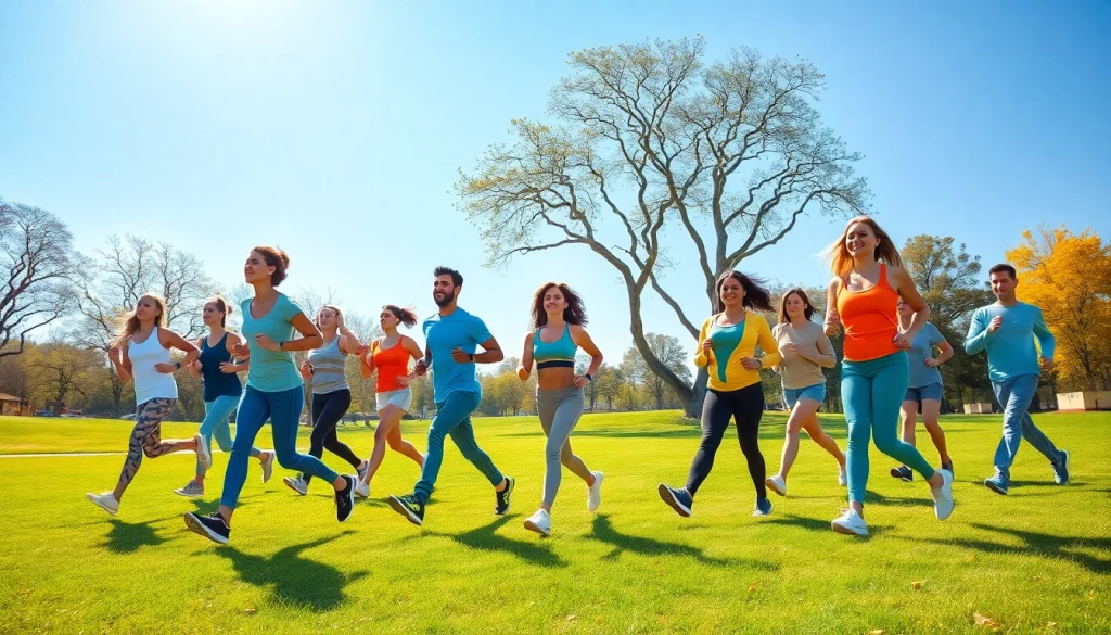 People enjoying activities that promote Health, including jogging, meditation, and healthy cooking.