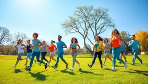 People enjoying activities that promote Health, including jogging, meditation, and healthy cooking.