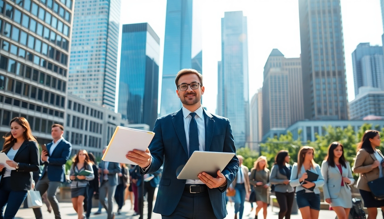 Engaging job in chicago scene depicting vibrant job seekers in a bustling urban environment.