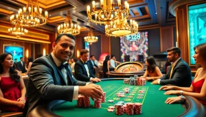 Experience s8 đăng nhập in a vibrant casino scene with poker tables, roulette wheels, and excited players.