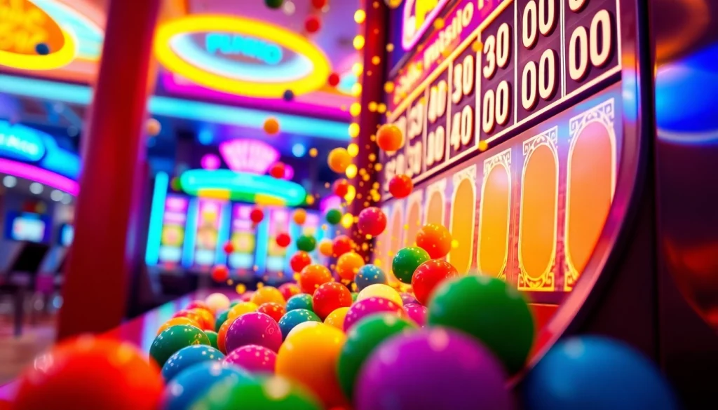Mesin plinko slot dengan bola berwarna cerah jatuh dan multipliers terlihat menghipnotis.