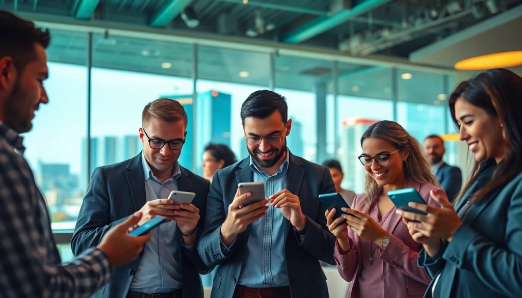 Engaging scene of online sports betting Oklahoma enthusiasts using technology in a lively urban setting.