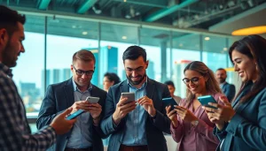 Engaging scene of online sports betting Oklahoma enthusiasts using technology in a lively urban setting.