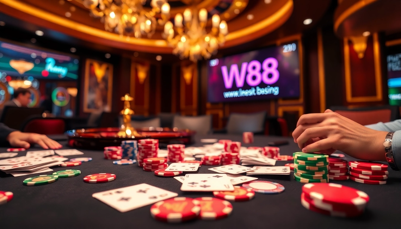 Experience high-stakes action at the W88 link table with vibrant poker chips and an exciting roulette wheel.