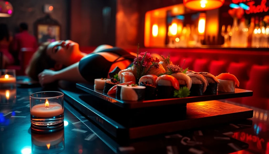 Body sushi elegantly served on a model in a luxurious nightclub setting, showcasing a unique dining experience.