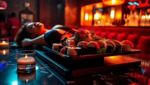 Body sushi elegantly served on a model in a luxurious nightclub setting, showcasing a unique dining experience.