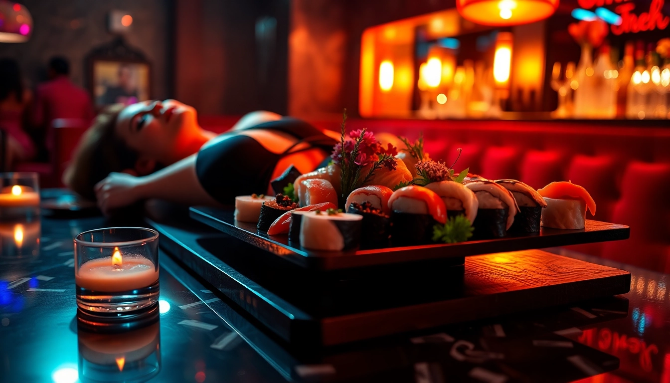 Body sushi elegantly served on a model in a luxurious nightclub setting, showcasing a unique dining experience.
