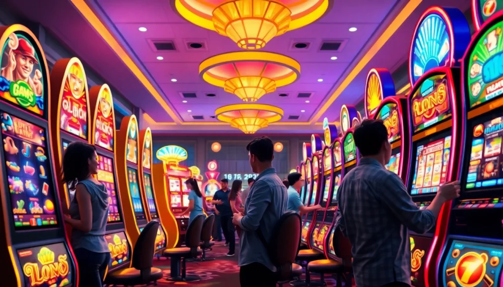 Engaging scene of players enjoying slot hoki games on colorful machines.