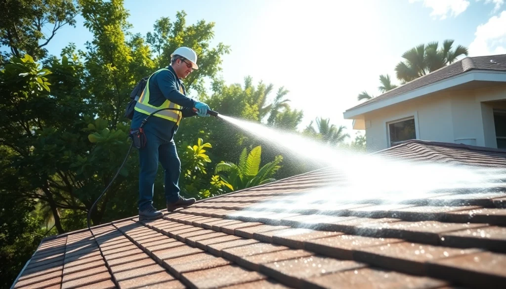 Roof cleaning service in Kissimmee, FL, showcasing a technician using soft wash to remove dirt and algae.