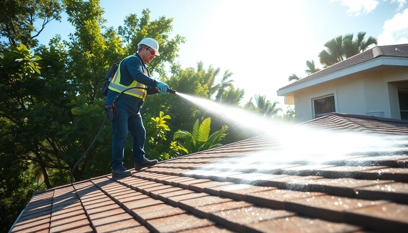 Roof cleaning service in Kissimmee, FL, showcasing a technician using soft wash to remove dirt and algae.