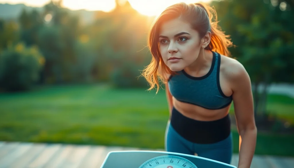 Breaking through a weight loss plateau, a fitness enthusiast reflects on progress in a serene outdoor setting.