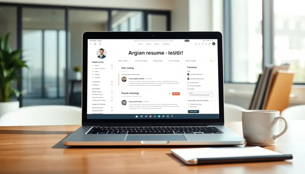 Create a professional resume using the Resume Builder in a modern office setting with a laptop and templates.