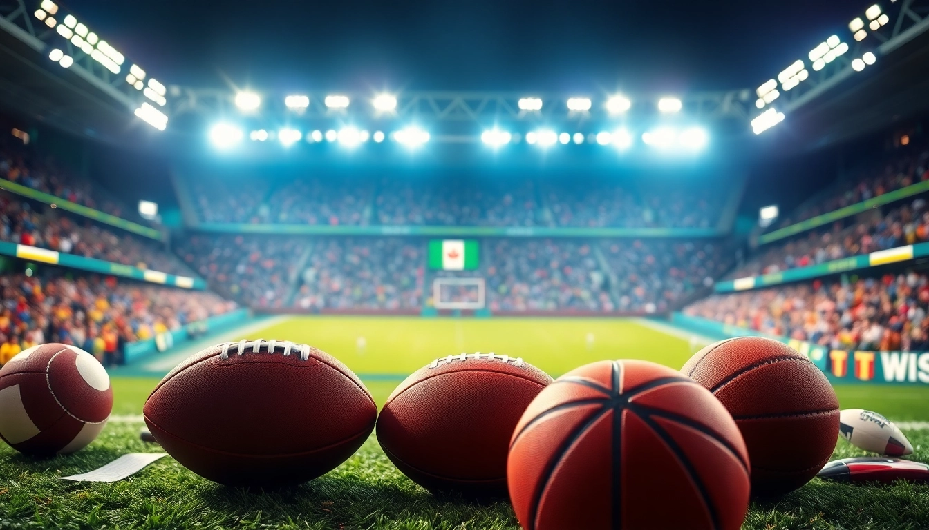 Engage in online sports betting Saskatchewan amidst vibrant sports icons and exciting atmosphere.