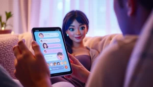 A cozy intimate chat scene showcasing ai sexting with a virtual partner on a digital device.